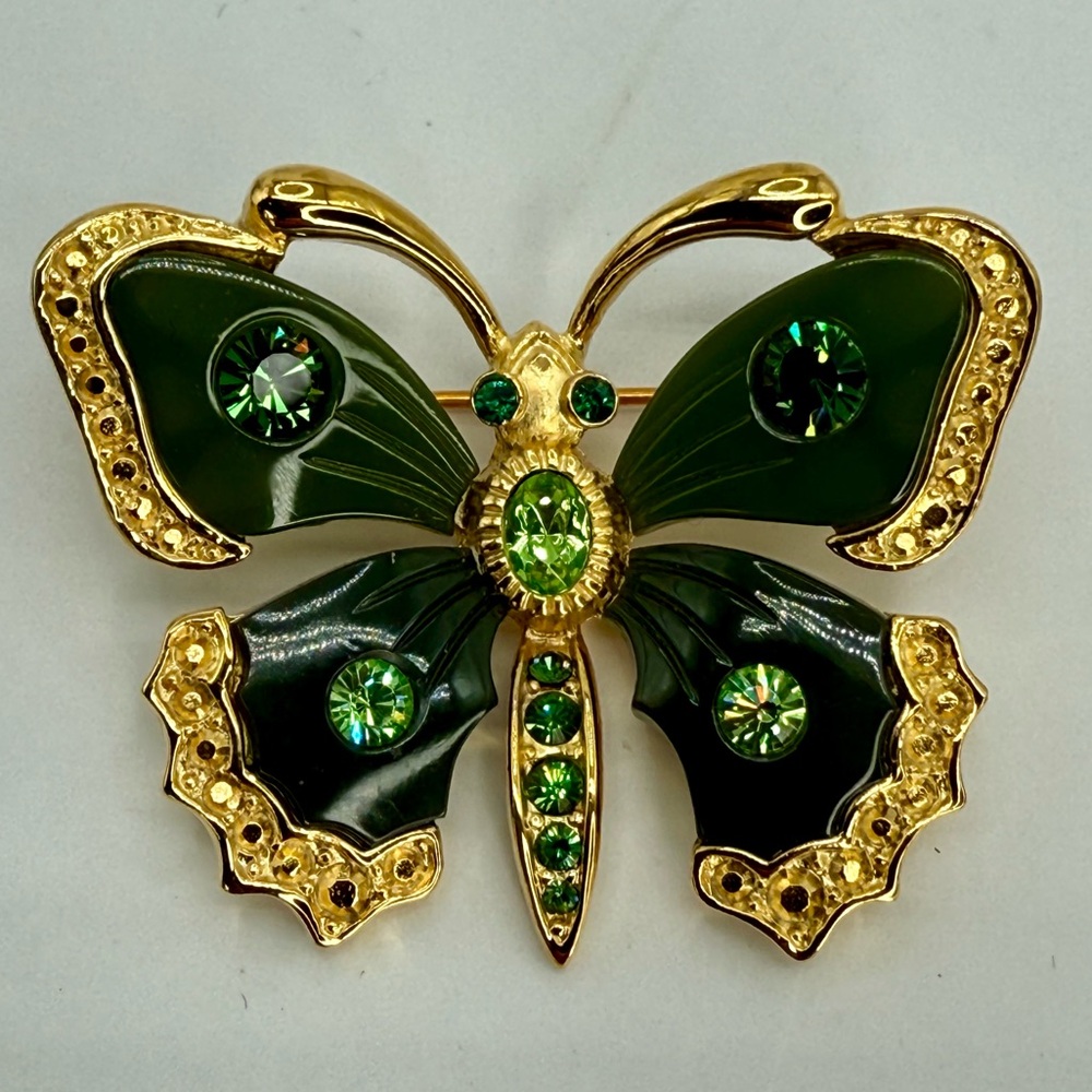 Joan Rivers “Far East Collection” Butterfly Brooch Vintage Green Yellow Crystals